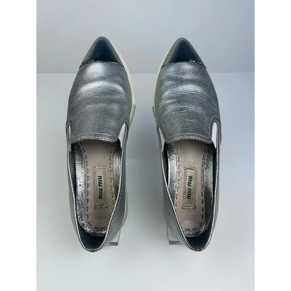 Miu Miu Silver Leather Pointed Toe Slip On Sneakers Loafers Sz 5.5 Prada - Picture 2 of 10